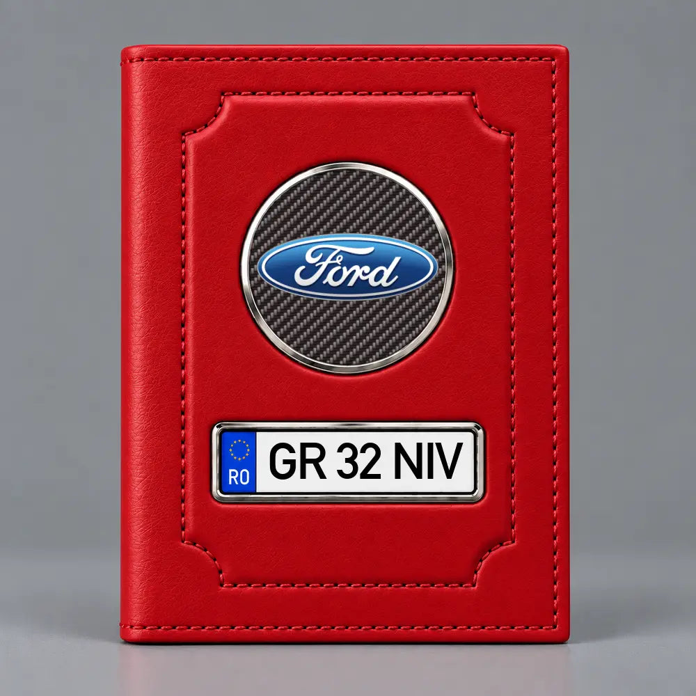 Portofel de acte auto Ford roșu, cu emblemă și număr de înmatriculare personalizat