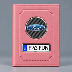 Portofel roz pentru documente auto Ford, cu siglă Ford și plăcuță cu numărul mașinii