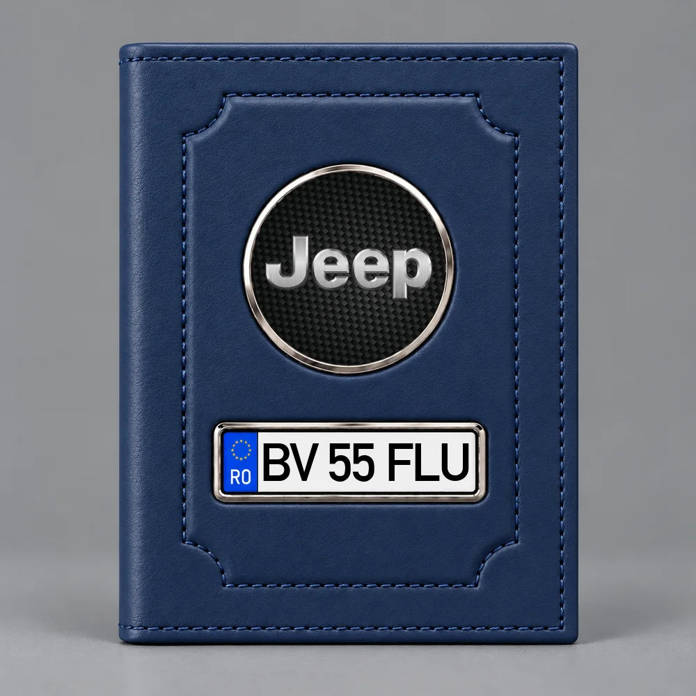 Portofel albastru pentru acte auto Jeep, cu siglă Jeep și plăcuță personalizabilă cu numărul de înmatriculare