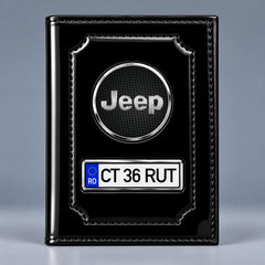 Portofel acte auto Jeep negru lucios, cu siglă și plăcuță personalizată cu numărul mașinii