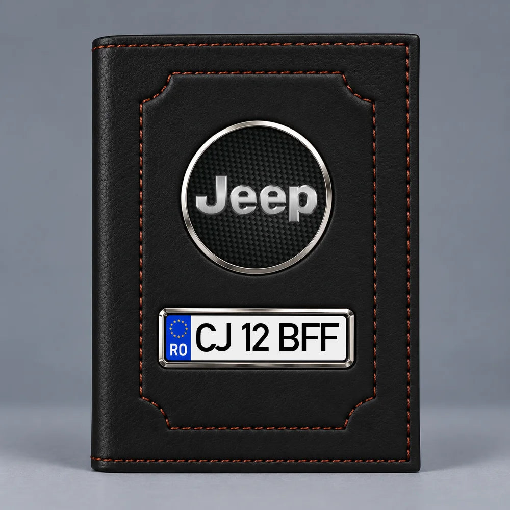 Portofel pentru acte auto Jeep negru mat, cu siglă și plăcuță pentru numărul de înmatriculare