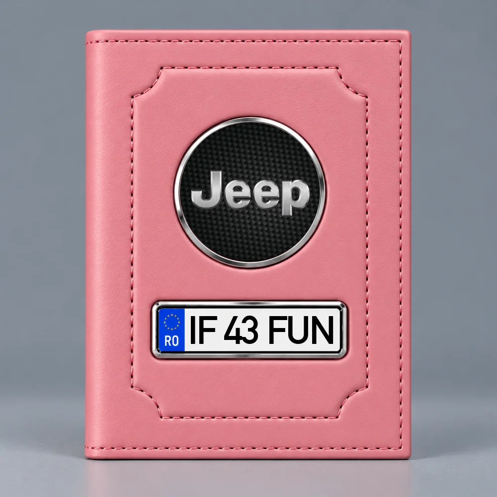 Portofel roz pentru documente auto Jeep, cu emblemă și număr de înmatriculare personalizabil