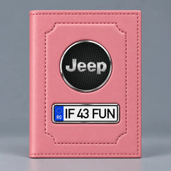 Portofel roz pentru documente auto Jeep, cu emblemă și număr de înmatriculare personalizabil