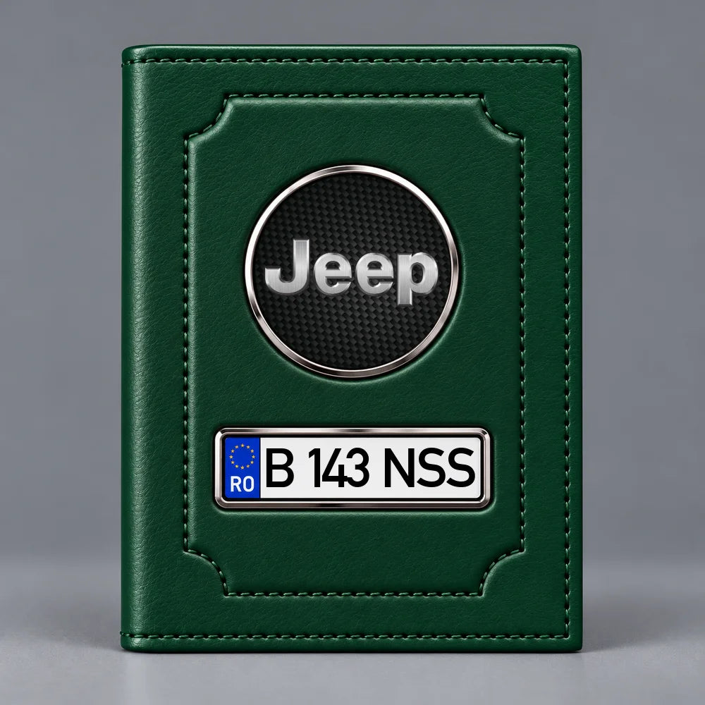 Portofel verde pentru documente auto Jeep, cu emblemă Jeep și număr de înmatriculare personalizabil