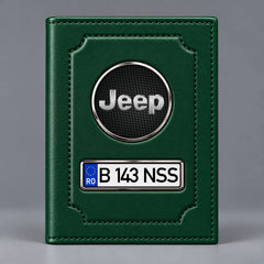 Portofel verde pentru documente auto Jeep, cu emblemă Jeep și număr de înmatriculare personalizabil