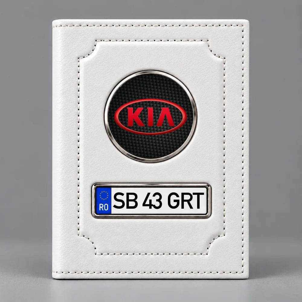 Portofel alb pentru documente auto Kia, cu emblemă și număr de înmatriculare personalizabil