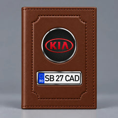 Portofel maro pentru documente auto Kia, cu emblemă și număr de înmatriculare personalizabil