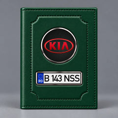 Portofel verde pentru documente auto Kia, cu emblemă Kia și număr de înmatriculare personalizabil