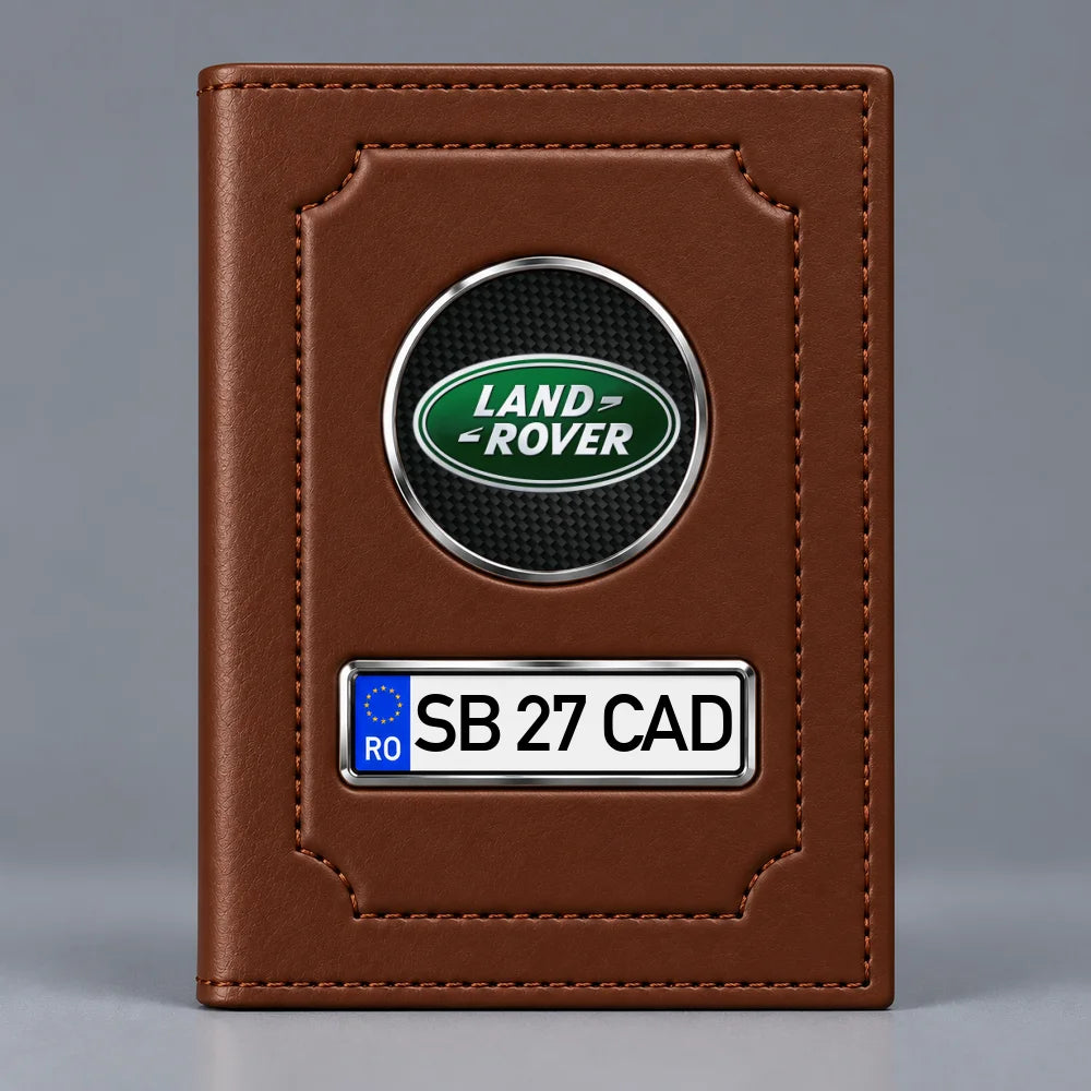 Portofel maro pentru documente auto Land Rover, cu emblemă și număr de înmatriculare personalizabil