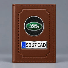 Portofel maro pentru documente auto Land Rover, cu emblemă și număr de înmatriculare personalizabil