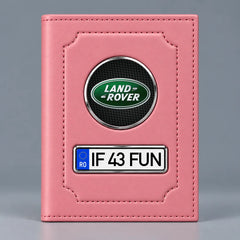 Portofel roz pentru documente auto Land Rover, cu emblemă și număr de înmatriculare personalizabil