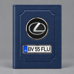 Portofel albastru pentru acte auto Lexus, cu siglă Lexus și plăcuță personalizabilă cu numărul de înmatriculare