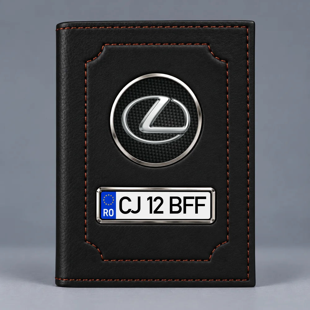 Portofel pentru acte auto Lexus negru mat, cu siglă și plăcuță pentru numărul de înmatriculare
