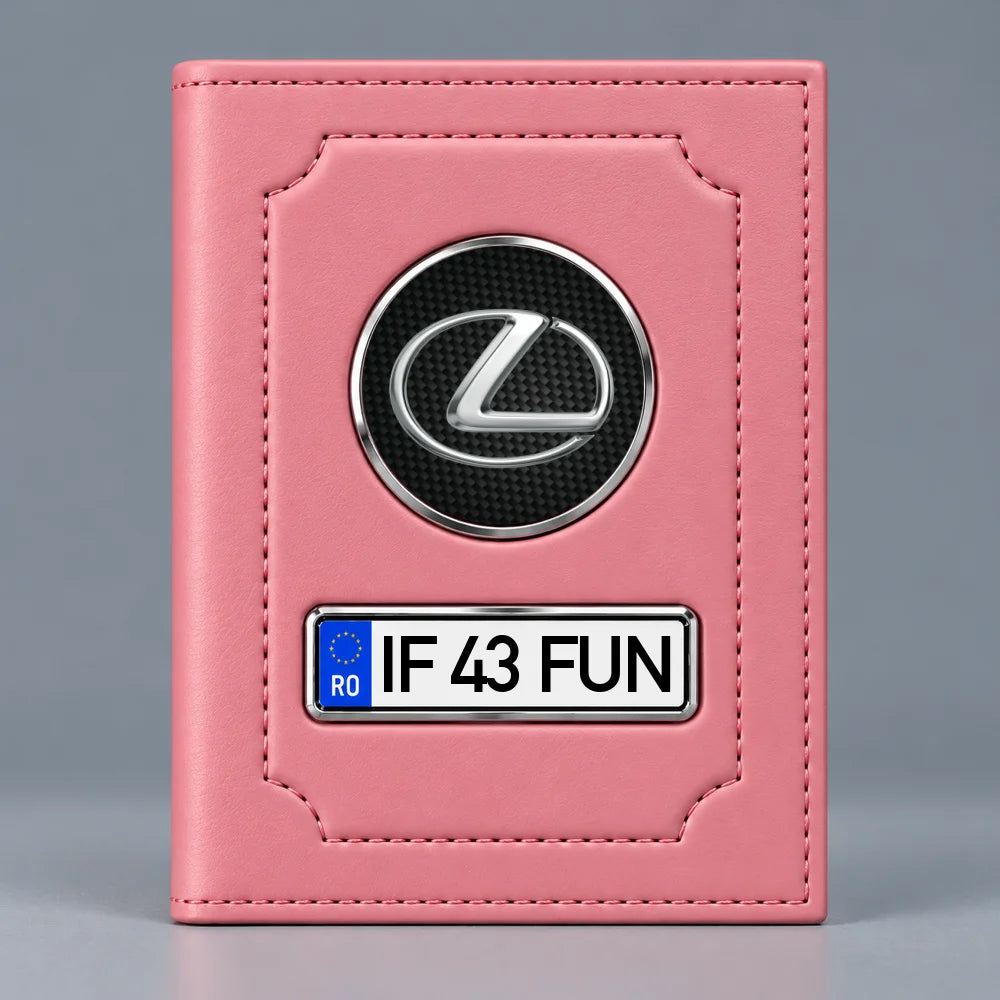 Portofel roz pentru documente auto Lexus, cu emblemă și număr de înmatriculare personalizabil