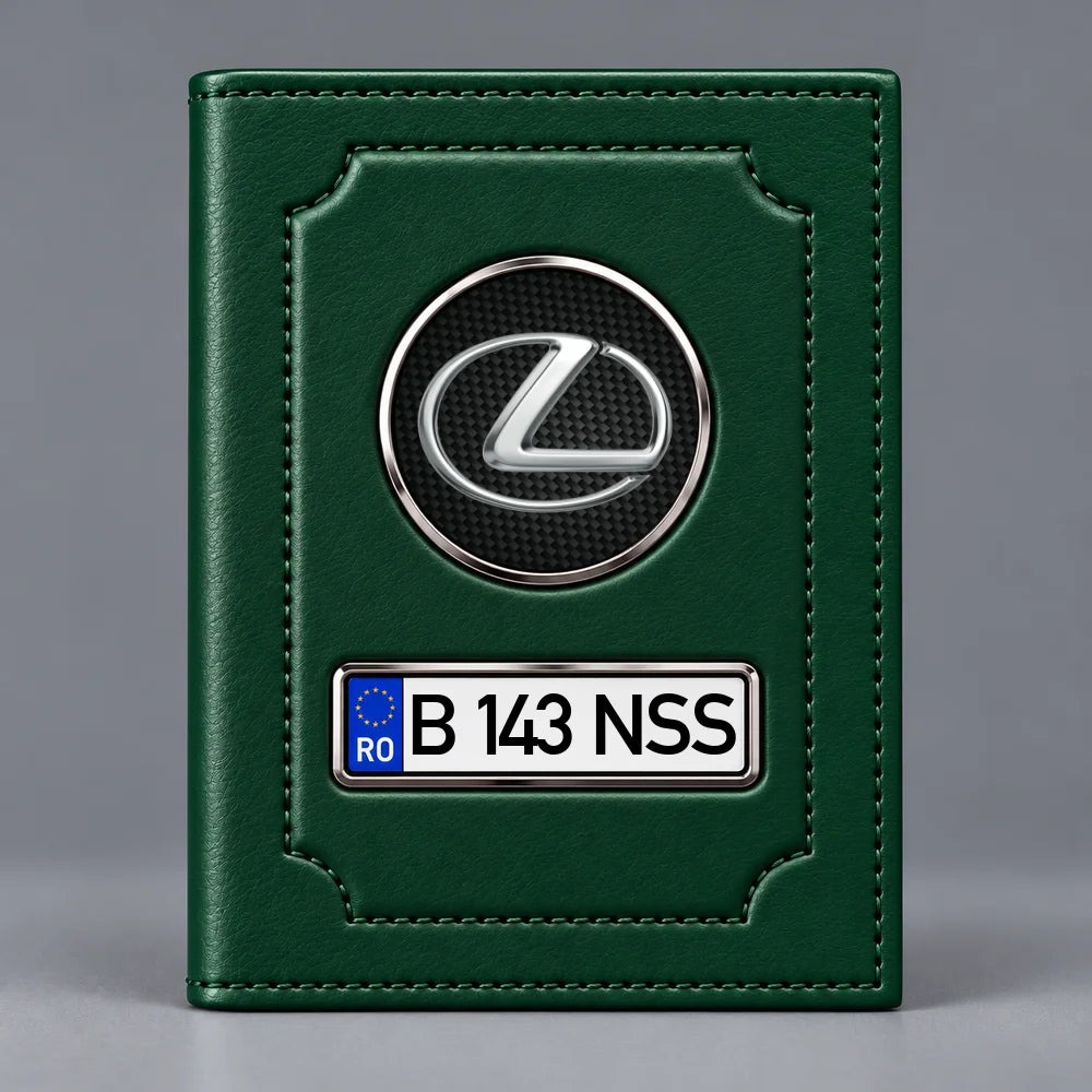 Portofel verde pentru documente auto Lexus, cu emblemă Lexus și număr de înmatriculare personalizabil