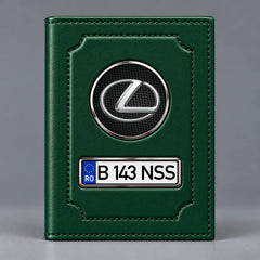 Portofel verde pentru documente auto Lexus, cu emblemă Lexus și număr de înmatriculare personalizabil