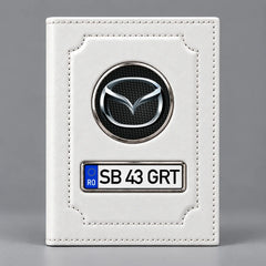 Portofel alb pentru acte auto Mazda, cu sigla mărcii și plăcuță personalizabilă cu numărul mașinii