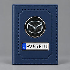 Portofel albastru pentru acte auto Mazda, cu siglă Mazda și plăcuță cu numărul de înmatriculare