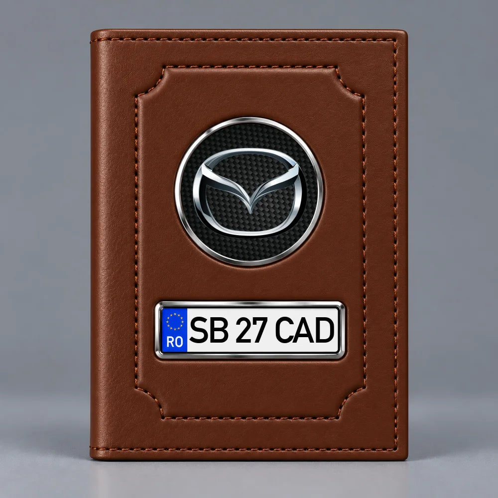 Portofel maro pentru documente auto Mazda, cu emblemă și număr de înmatriculare personalizabil