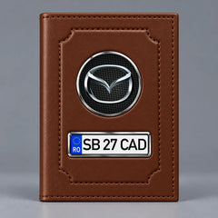 Portofel maro pentru documente auto Mazda, cu emblemă și număr de înmatriculare personalizabil