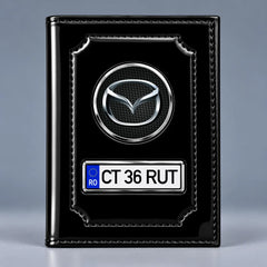 Portofel maro pentru documente auto Mazda, cu emblemă și număr de înmatriculare personalizabil