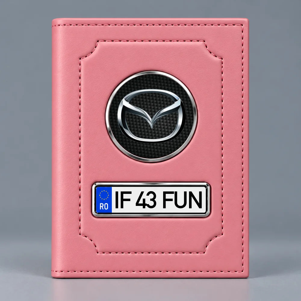 Portofel roz pentru documente auto Mazda, cu emblemă și număr de înmatriculare personalizabil