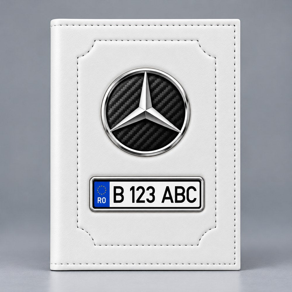 Portofel acte auto personalizat Mercedes, alb, cu emblemă și număr de înmatriculare