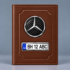 Portofel maro pentru acte auto Mercedes, cu emblemă și plăcuță personalizată cu numărul de înmatriculare