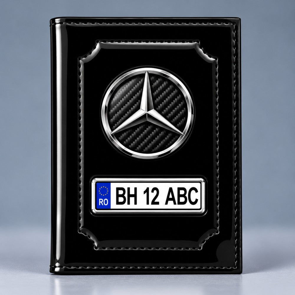 Portofel de acte auto Mercedes negru lucios, cu siglă și număr de înmatriculare personalizabil