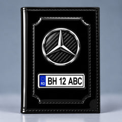 Portofel de acte auto Mercedes negru lucios, cu siglă și număr de înmatriculare personalizabil