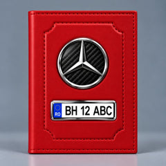 Portofel de acte auto Mercedes roșu, cu emblemă și plăcuță cu numărul mașinii