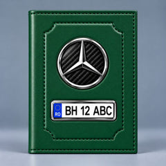 Portofel verde pentru documente auto Mercedes, cu siglă și număr de înmatriculare personalizat
