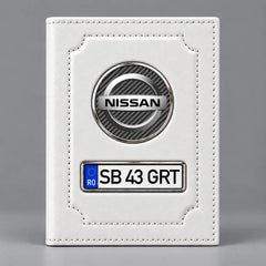 Portofel alb pentru acte auto Nissan, cu siglă Nissan și plăcuță personalizabilă cu numărul de înmatriculare