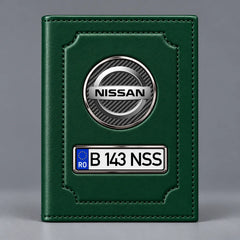 Portofel verde pentru documente auto Nissan, cu emblemă Nissan și număr de înmatriculare personalizabil