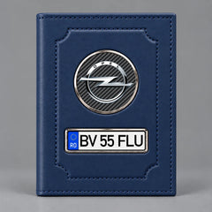Portofel albastru pentru acte auto Opel, cu siglă Opel și plăcuță personalizabilă cu numărul mașinii