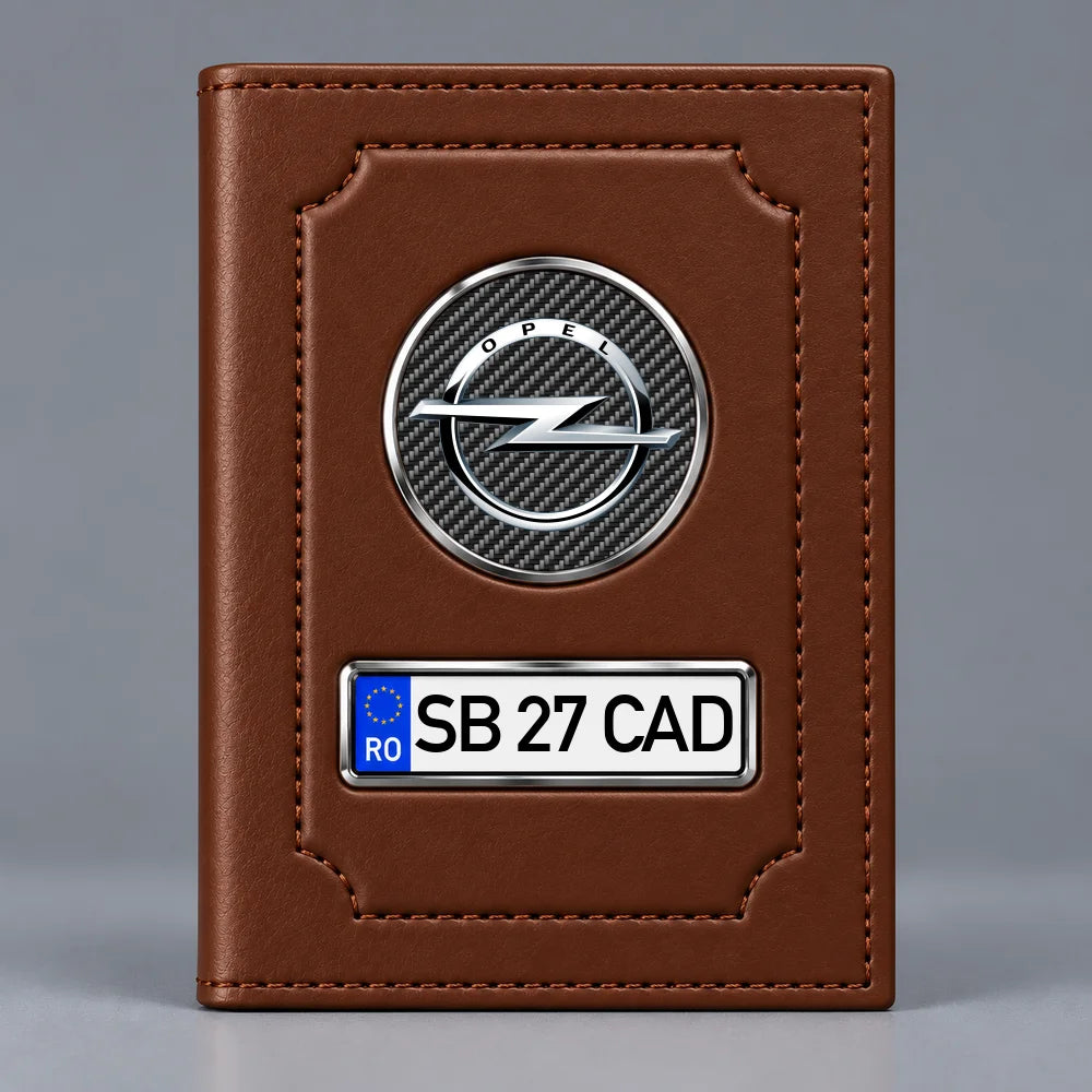 Portofel maro pentru documente auto Opel, cu emblemă și număr de înmatriculare personalizabil