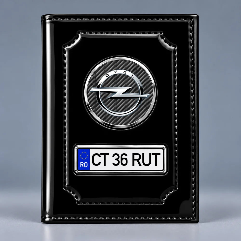 Portofel acte auto Opel negru lucios, cu siglă și plăcuță personalizată cu numărul de înmatriculare
