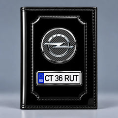 Portofel acte auto Opel negru lucios, cu siglă și plăcuță personalizată cu numărul de înmatriculare