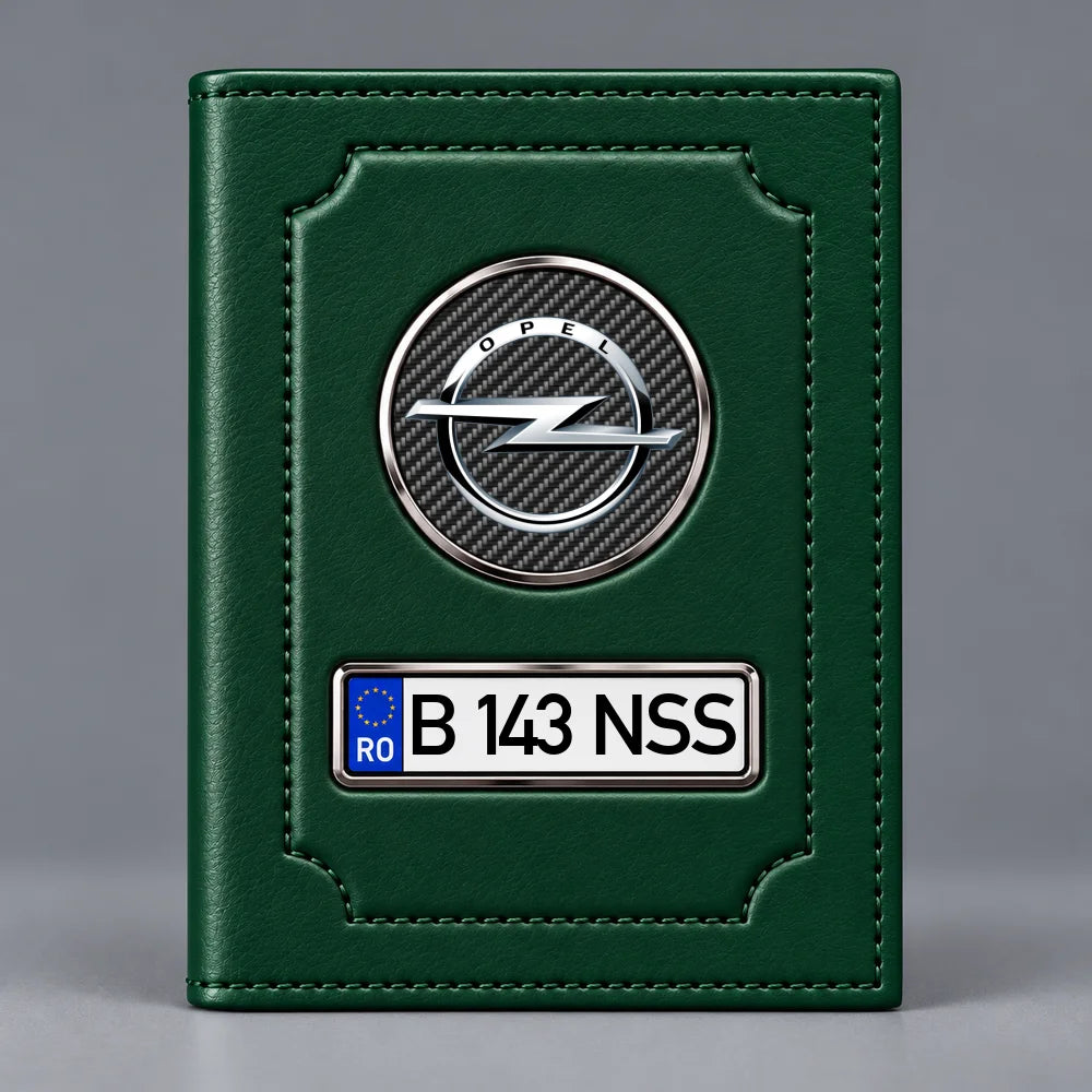 Portofel verde pentru documente auto Opel, cu emblemă Opel și număr de înmatriculare personalizabil