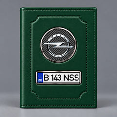 Portofel verde pentru documente auto Opel, cu emblemă Opel și număr de înmatriculare personalizabil