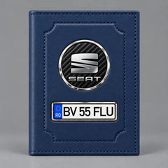 Portofel albastru pentru acte auto Seat, cu siglă Seat și plăcuță personalizată cu numărul mașinii
