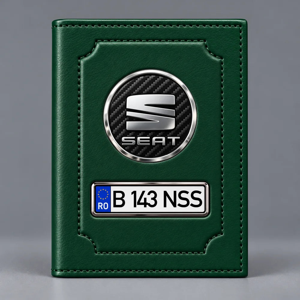 Portofel verde pentru documente auto Seat, cu emblemă Seat și număr de înmatriculare personalizabil