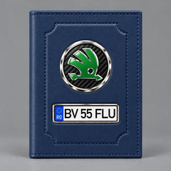 Portofel albastru pentru acte auto Skoda, cu sigla mărcii și plăcuță personalizată cu numărul de înmatriculare
