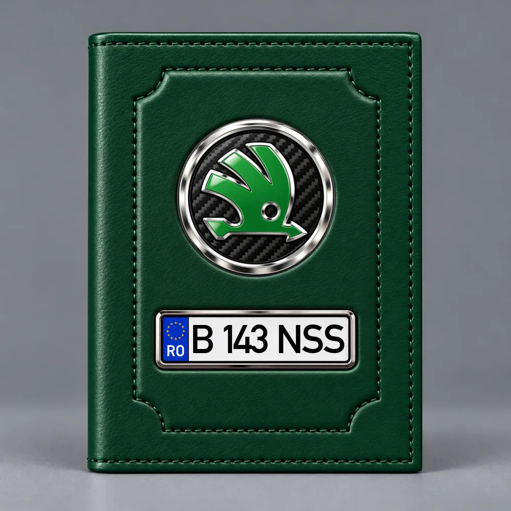 Portofel verde pentru documente auto Skoda, cu emblemă și număr de înmatriculare personalizabil