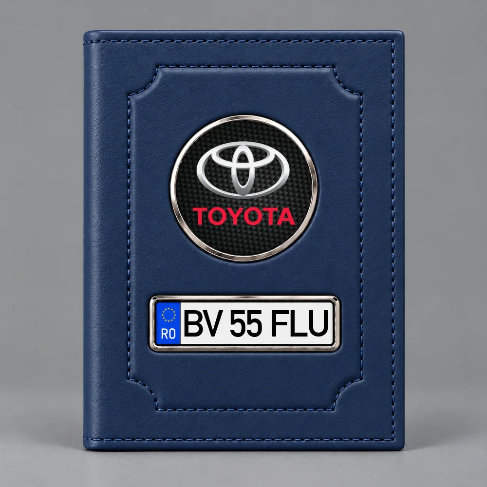 Portofel albastru pentru acte auto Toyota, cu siglă Toyota și plăcuță personalizabilă cu numărul de înmatriculare