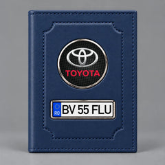 Portofel albastru pentru acte auto Toyota, cu siglă Toyota și plăcuță personalizabilă cu numărul de înmatriculare