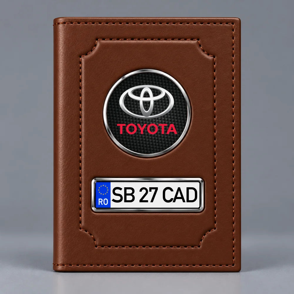 Portofel maro pentru documente auto Toyota, cu emblemă și număr de înmatriculare personalizabil