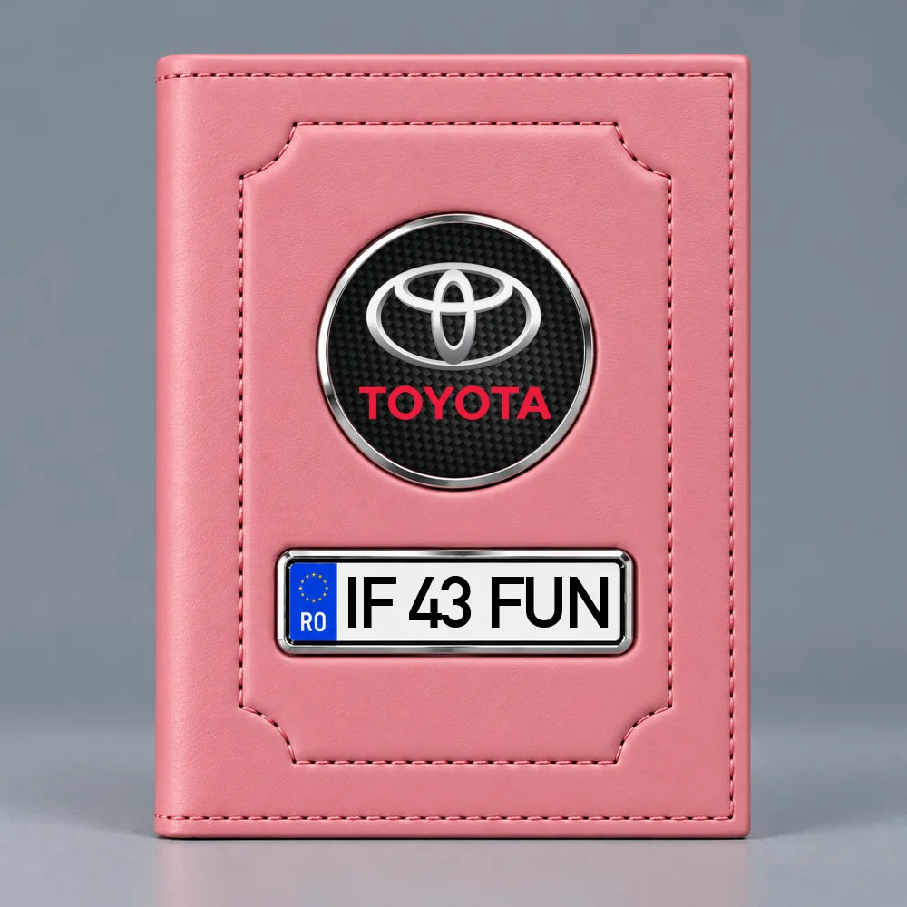 Portofel roz pentru documente auto Toyota, cu emblemă și număr de înmatriculare personalizabil