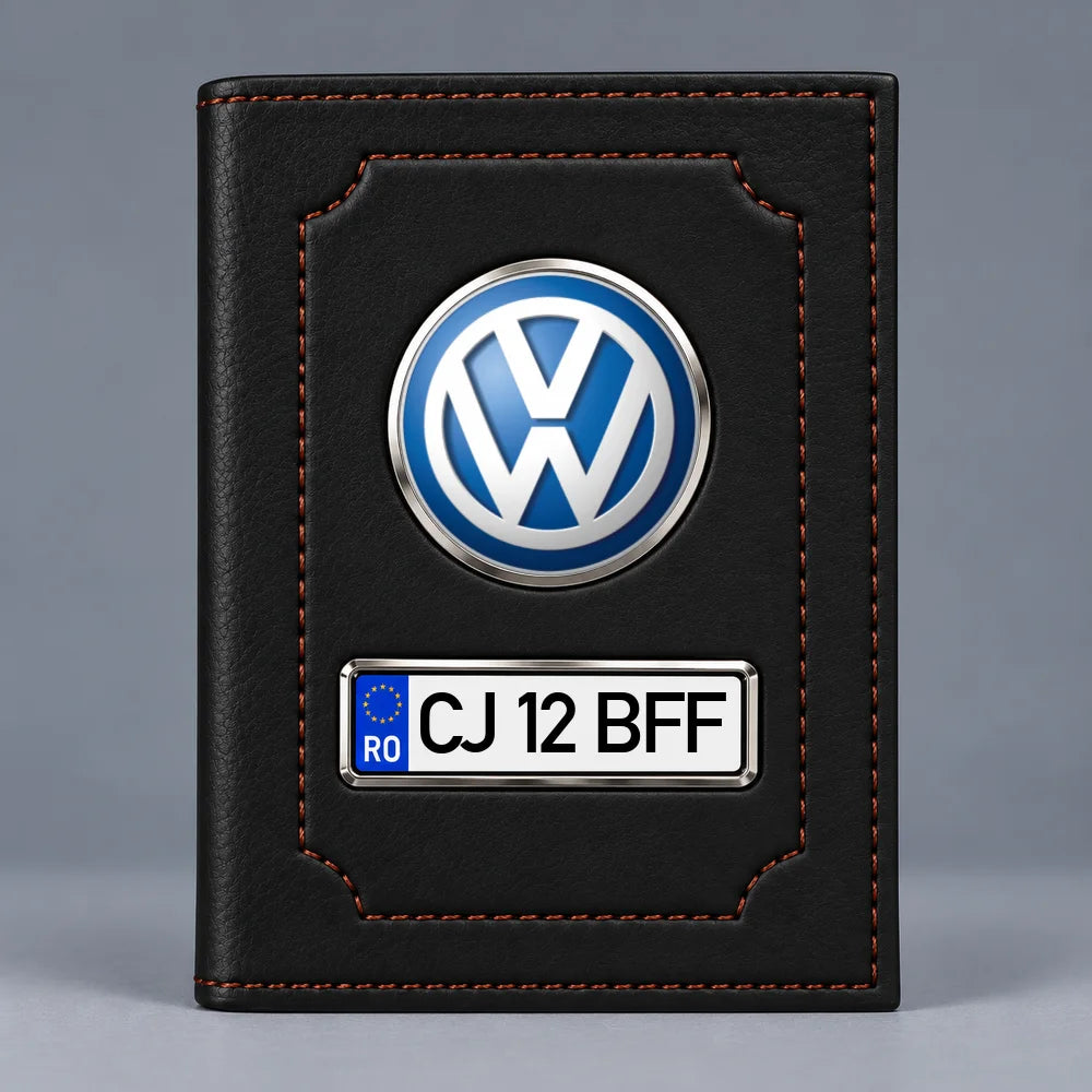 Portofel acte auto Volkswagen negru mat, emblemă VW și plăcuță personalizată