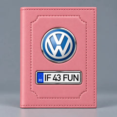 Portofel roz pentru documente auto Volkswagen, cu emblemă VW și număr de înmatriculare personalizabil